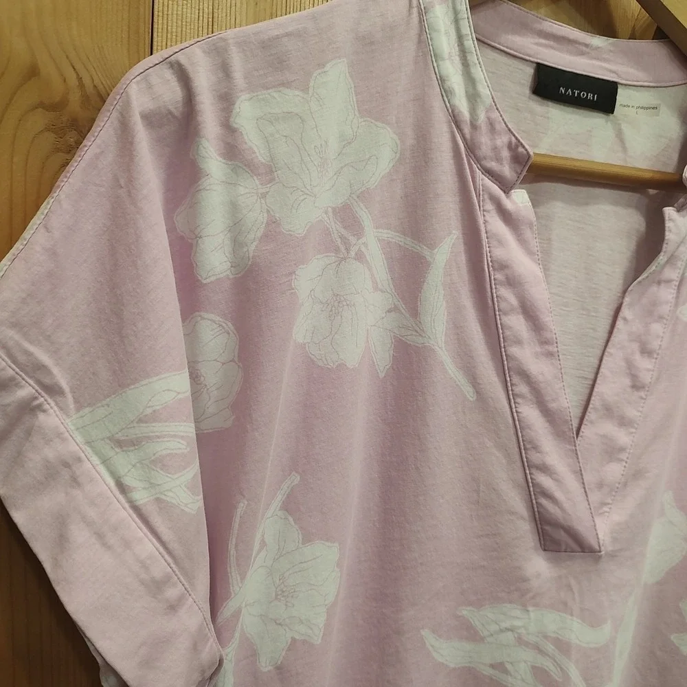 Natori Pink Floral Lounge Top Womens L Soft Knit Pajama Blouse Casual Sleepwear‎
